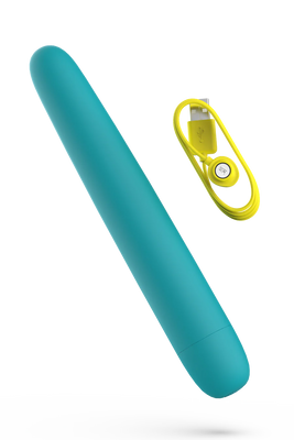 Teal sleek silicone vibrator with rounded tip and yellow USB magnetic charging cable.