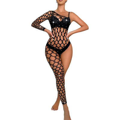 Black Pearl Diamond Pothole One Side Bodysuit Black