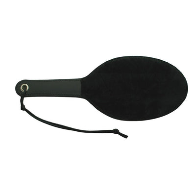 Black 16-inch ping pong paddle with soft faux fur surface and leather handle with wrist strap.