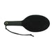 Black 16-inch ping pong paddle with soft faux fur surface and leather handle with wrist strap.