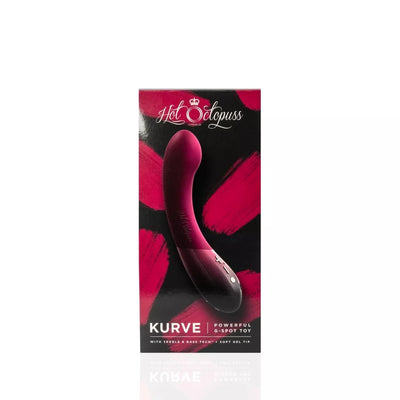 Plum-colored Hot Octopuss Kurve G-spot vibrator displayed on black and red branded packaging.