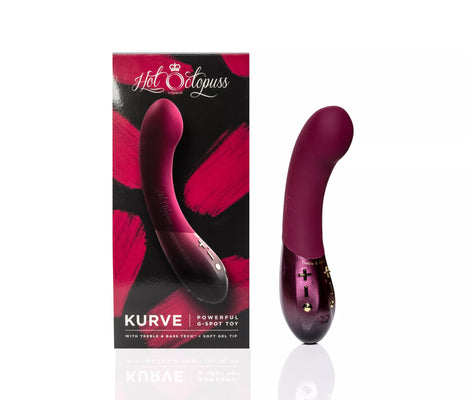 Plum-colored Hot Octopuss Kurve G-spot vibrator with ergonomic curve and control buttons, shown with packaging box.