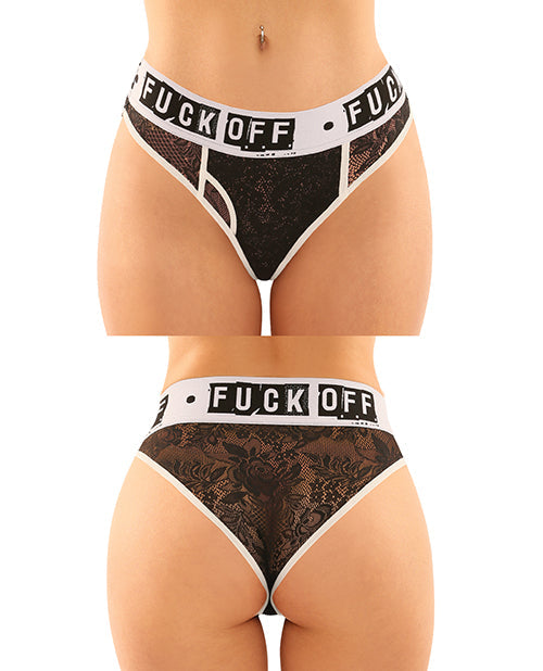 Black lace thong with white elastic waistband featuring bold "Fuck Off" text, shown from front and back views.