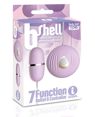 The 9's b-Shell Bullet Vibe in lavender with shell-shaped remote and seven vibration functions in retail packaging.