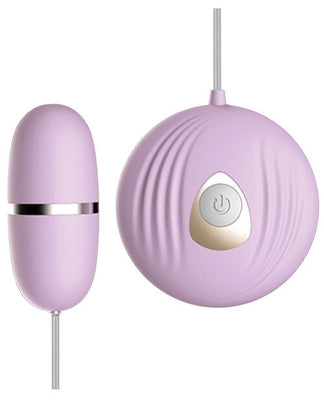 Lavender b-Shell Bullet Vibrator with shell-shaped remote and single button control, connected by a thin cord.