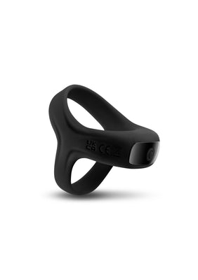 Black Renegade Emperor stretchy vibrating ring with ergonomic design and control button on a white background.
