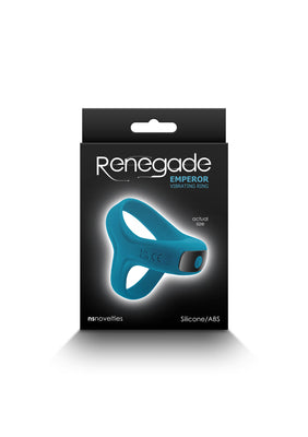 Packaging of Renegade Emperor vibrating ring in teal, highlighting silicone and ABS material with actual size display.