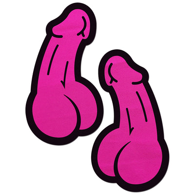 Pair of neon pink novelty nipple pasties shaped like cartoon penises with black outlines on white background.