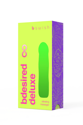 Packaging box of B Swish Bdesired Deluxe vibrating massager in bright yellow and purple with pink text and green product silhouette.