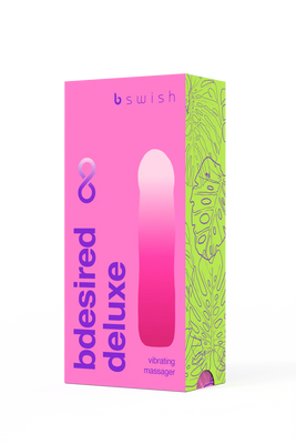 B Swish Bdesired Infinite Deluxe Flamingo Pink vibrating massager packaging with pink and green tropical leaf design.
