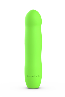 Bright green sleek silicone personal massager with rounded tip and bswish logo on base against white background