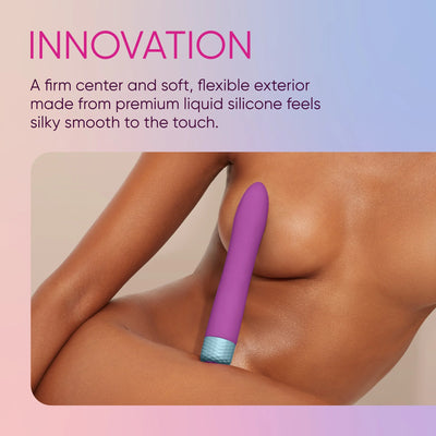 Purple flexible bullet vibrator with textured silver base shown on smooth skin background with product innovation text.