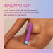 Purple flexible bullet vibrator with textured silver base shown on smooth skin background with product innovation text.