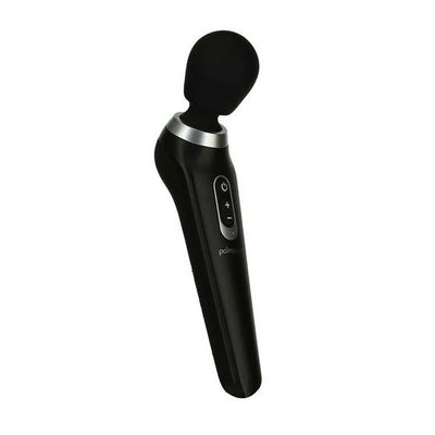 Black Palm Power Extreme Body Massager with ergonomic handle and silicone pivoting head on white background