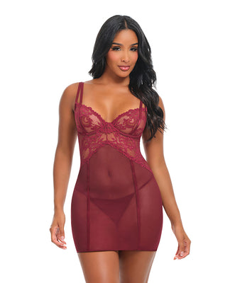 Marisol Unlined Underwire Lace & Mesh Babydoll - Zinfandel S/M
