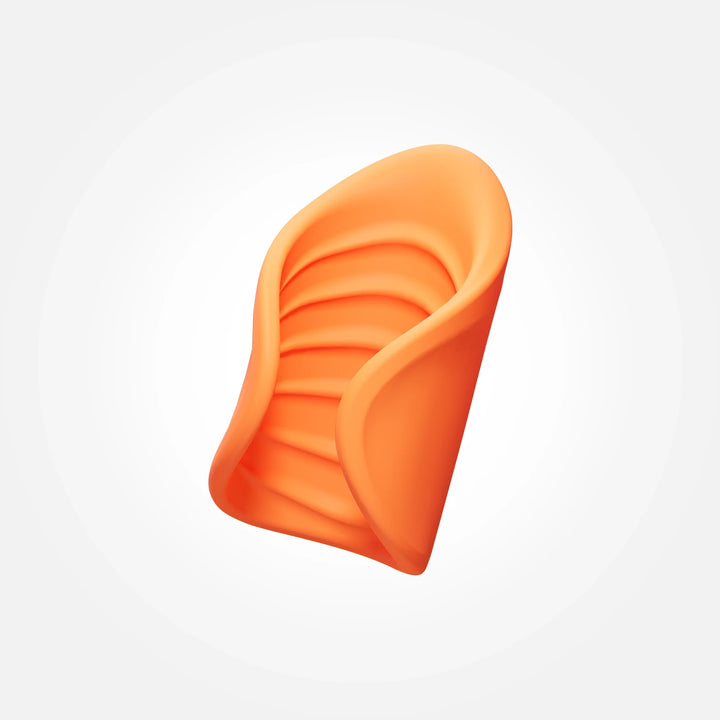 Orange ribbed silicone vibrating stroker with flexible sides for adjustable grip and comfort.