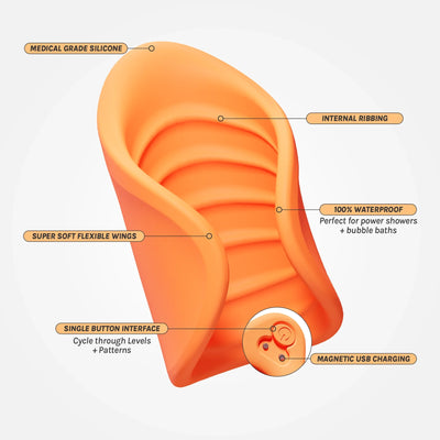 Orange VUSH Sol Vibrating Stroker with internal ribbing, flexible wings, single button control, and magnetic USB charging features.