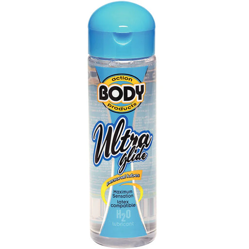 Clear 8.5oz bottle of Body Action Ultra Glide water-based lubricant with blue cap and label details.