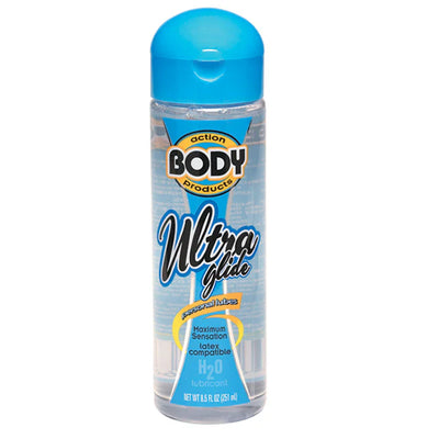 Body Action Ultra Glide water-based lubricant in clear bottle with blue cap, 8.5 oz, latex compatible formula