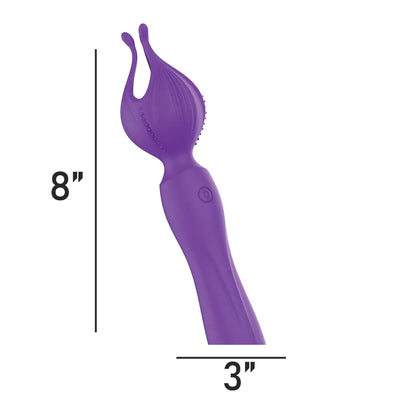 Purple silicone clitoral vibrator shaped like a flower petal with textured details, measuring 8 by 3 inches.