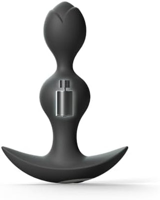 Black Twinny Bud anal stimulator with dual rounded pearls and ergonomic curved base, made of smooth silicone.