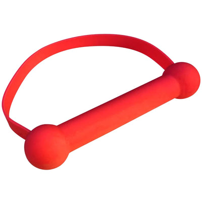 Red silicone bit gag with a smooth bar and flexible strap for comfortable, secure wear.