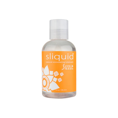 Clear 4.2oz bottle of Sliquid Sizzle natural stimulating lubricant with bright orange label and white cap