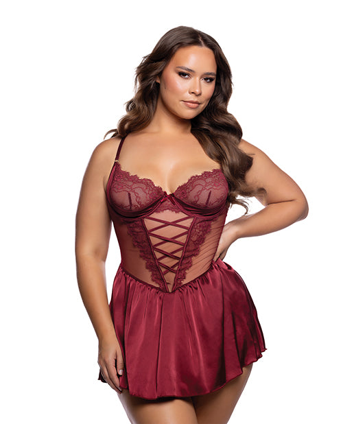 Lace & Satin Babydoll w/Crisscross Detail - Wine 2X