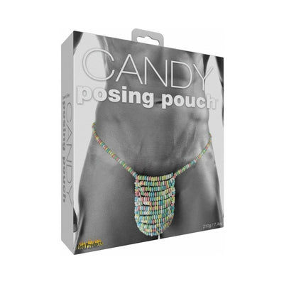 Packaging of the Candy Posing Pouch featuring a colorful candy-style beaded pouch accessory on a male torso.