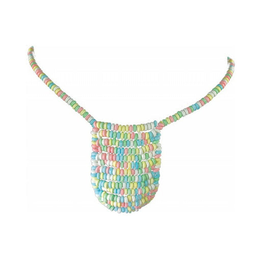 Colorful candy bead posing pouch with matching beaded waistband in pastel shades