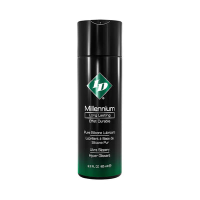 Black and green bottle of ID Millennium long-lasting pure silicone lubricant, 2.2 fl oz, with clear minimalist design.