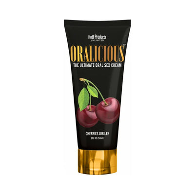 Tube of Oralicious cherry-flavored oral sex cream with black and gold packaging and cherry illustration.