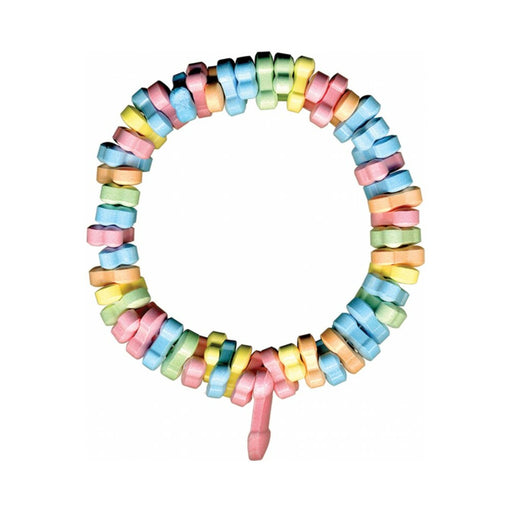 Colorful penis-shaped candy charms strung on a stretchy necklace for a playful and cheeky accessory.