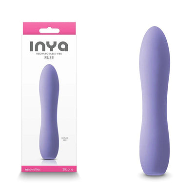 Compact lavender silicone Inya Ruse rechargeable vibrator with sleek, curved design shown with packaging.