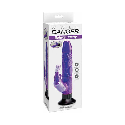 Packaging of a purple Deluxe Bunny Wall Banger vibrator with suction base and clitoral stimulator by Pipedream.