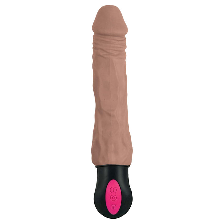 Brown realistic textured vibrator with black and pink control base, fully bendable and USB rechargeable.