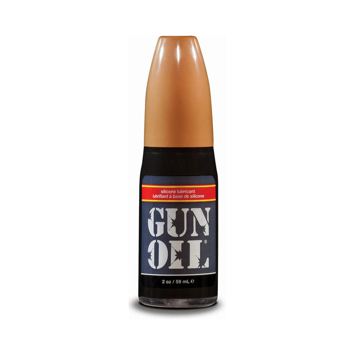 2 oz bottle of Gun Oil silicone-based lubricant with black and gold packaging and bold label design