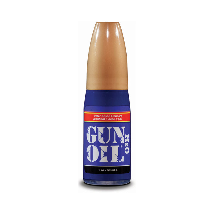 2 oz Gun Oil H2O water-based lubricant bottle with blue label and tan cap for smooth, long-lasting moisture