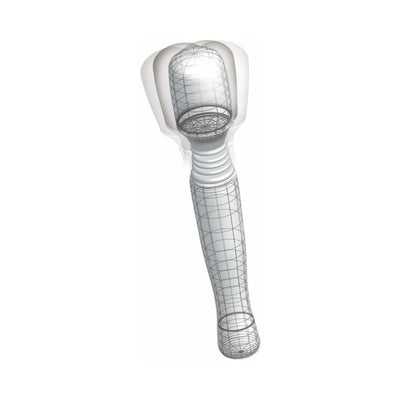 Wireframe illustration of a flexible-headed cordless mini massager showing its adjustable vibration motion.