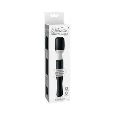 Mini Wanachi Massager in black and white with flexible head shown in retail packaging box