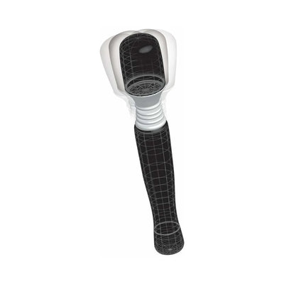 Black and white cordless mini massager with flexible head shown in motion for muscle relief.