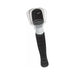 Black and white cordless mini massager with flexible head shown in motion for muscle relief.