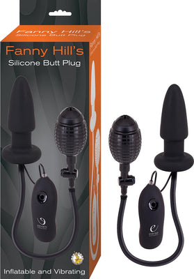 Black silicone inflatable and vibrating butt plug with remote control and air pump, shown with packaging box.
