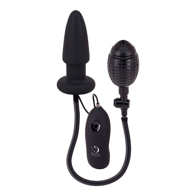 Black silicone inflatable and vibrating butt plug with remote control and air pump bulb.
