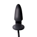 Black silicone inflatable vibrating butt plug with tapered tip and flared base on white background.