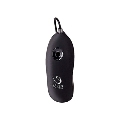 Black handheld remote control with Seven Creations logo and air release button for inflatable vibrating plug.