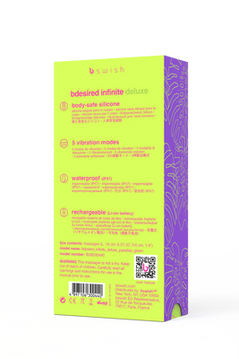 Packaging box of B Swish Bdesired Infinite Deluxe massager highlighting body-safe silicone, 5 vibration modes, waterproof and rechargeable features.