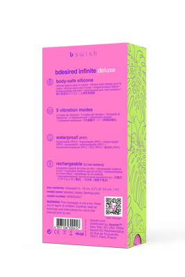 Packaging box of B Swish Bdesired Infinite Deluxe Flamingo Pink with product features and safety information on a pink and green tropical design background.