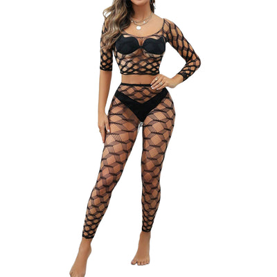 Black Pearl 2-Piece Hexagon Lace Crop Top With Leggings Black