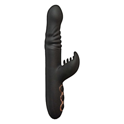 Black silicone multi-function vibrator with textured shaft, curved clitoral stimulator, and three control buttons.